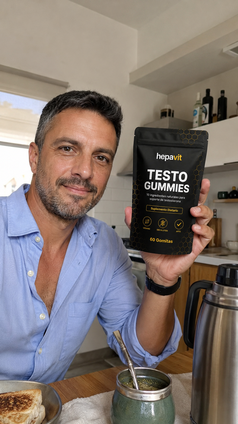 Cliente con Hepavit Testo Gummies en su cocina