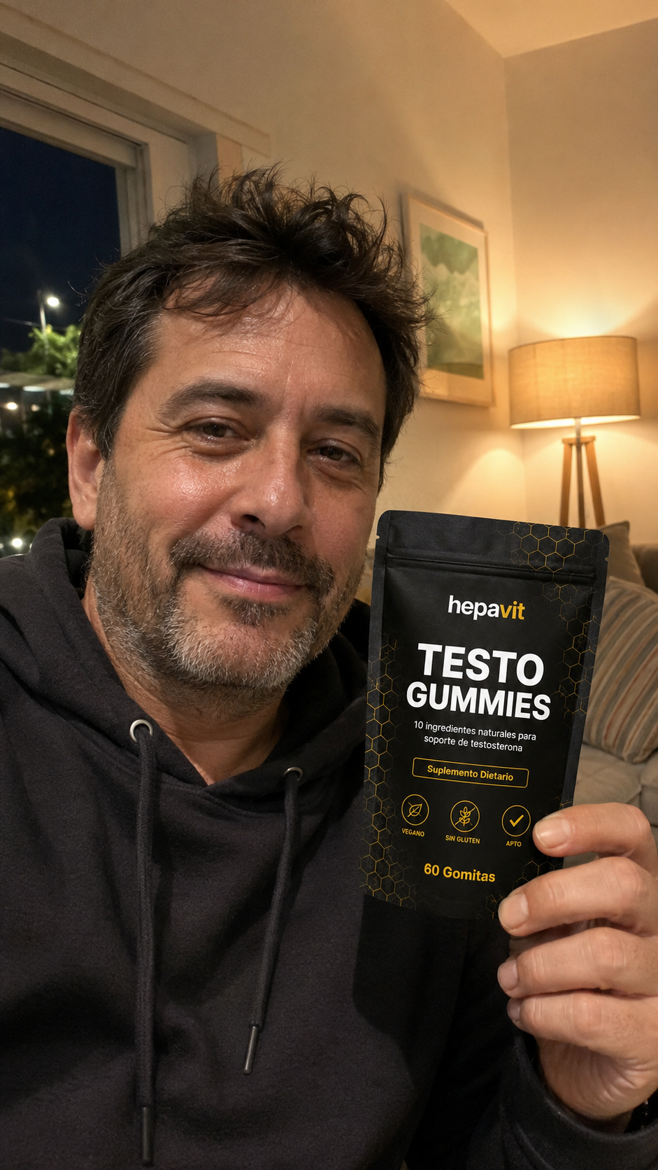 Cliente con Hepavit Testo Gummies en su living
