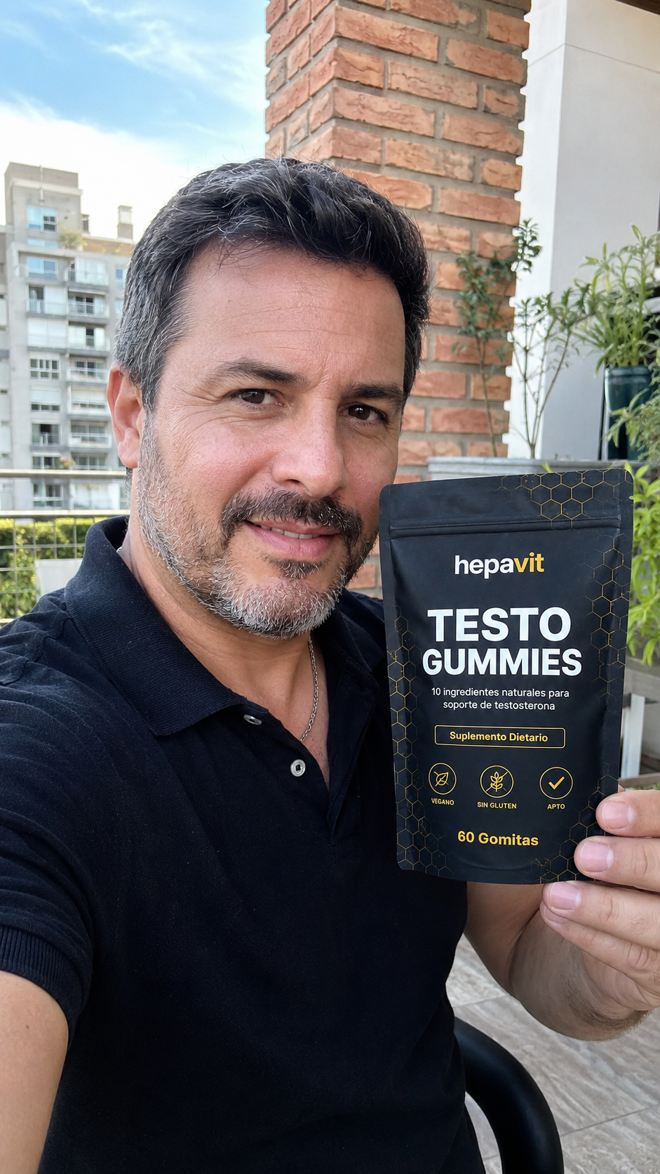 Cliente con Hepavit Testo Gummies en su balcón