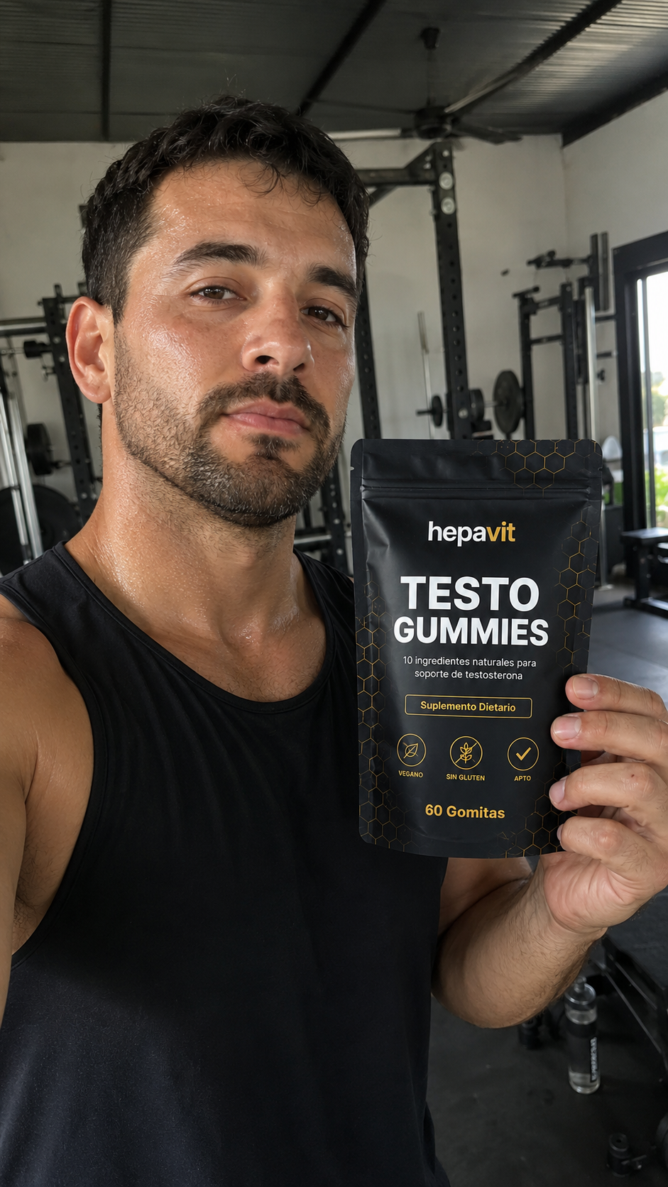Cliente con Hepavit Testo Gummies en el gimnasio