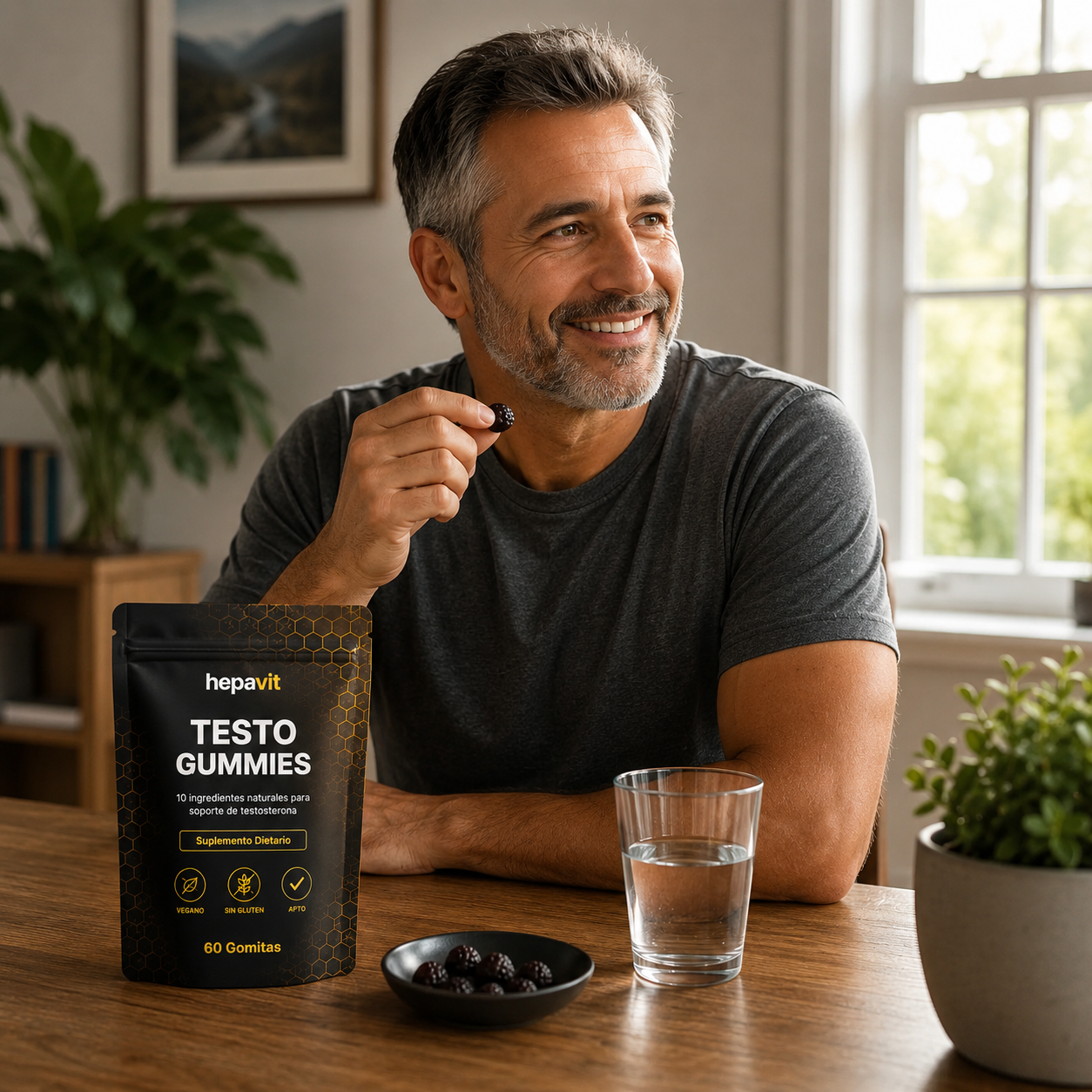 Hombre 50+ relajado, con energía, en su casa