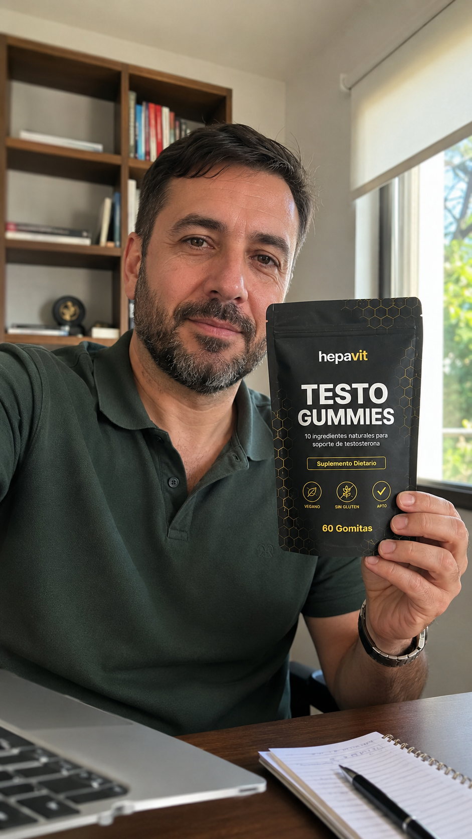 Cliente con Hepavit Testo Gummies en su oficina
